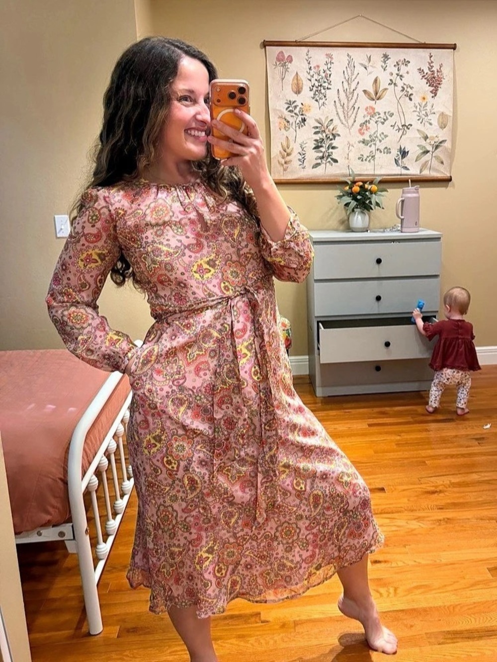 Boden Paisley Midi Dress in Pink Silk 0P